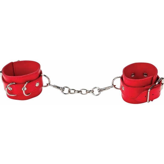 OUCH LEATHER HANDCUFFS FOR FEET OR HANDS RED