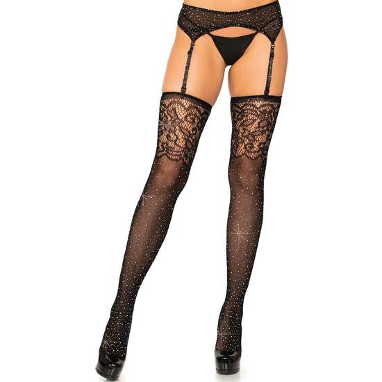 STOCKINGS WITH NETWORK GARTER AND STRASS STONE - BLACK
