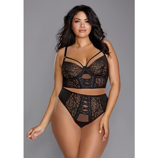 Elastic Mesh And Elastic Check Lace Bustier - Black