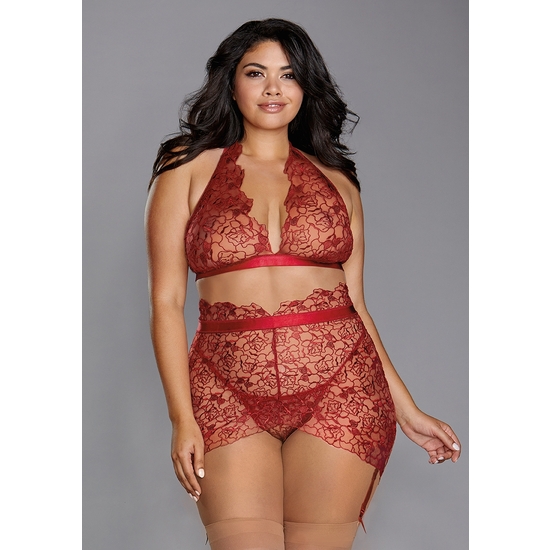 THREE PIECES SET WITH DELICATE FLORAL EMBROIDERY - GARNET 