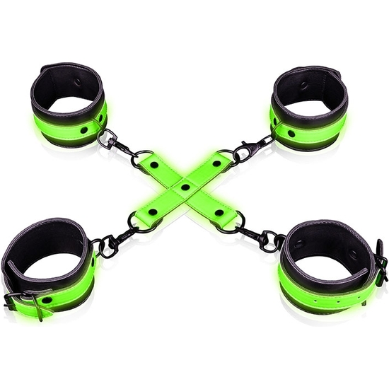 OUCH! - WRIST AND ANKLE HANDCUFFS WITH ROPE - GLOW IN THE DARK