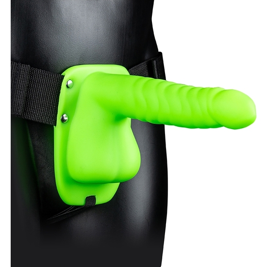 HOLLOW OUCH-STRAP-ON WITH TESTICLES - 8/21 CM - GLOW IN THE DARK