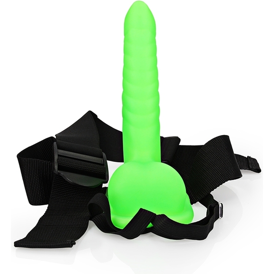 HOLLOW OUCH-STRAP-ON WITH TESTICLES - 8/21 CM - GLOW IN THE DARK