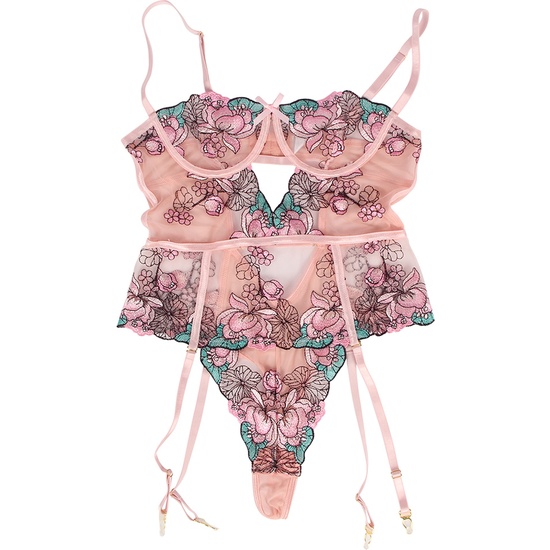 SEXY COLORFUL FLORAL OPEN CROTCH PINK LINGERIE