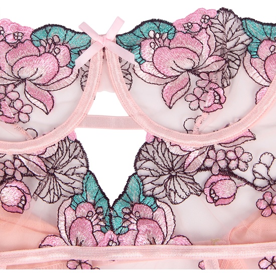 SEXY COLORFUL FLORAL OPEN CROTCH PINK LINGERIE
