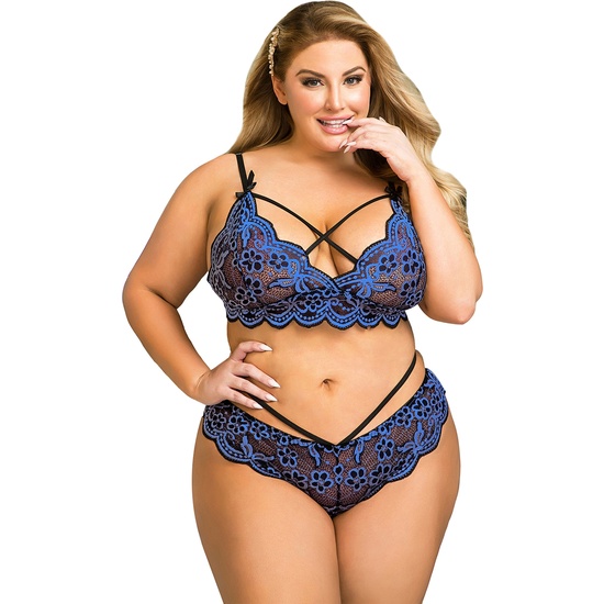 BRA AND PANTIES SET WITH CROSSED LACES AND BLUE EMBROIDERED DESIGN
