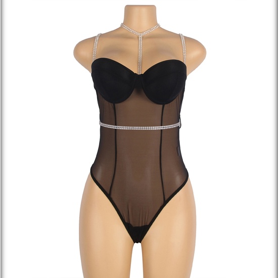ONE PIECE BLACK MESH BODYSUIT WITH RINGS AND DIAMOND BELT