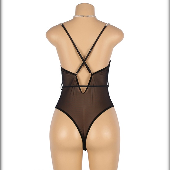 ONE PIECE BLACK MESH BODYSUIT WITH RINGS AND DIAMOND BELT