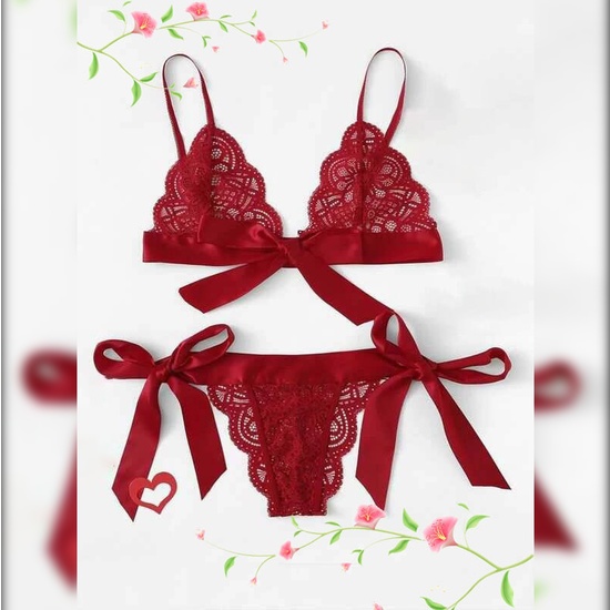 BRA AND PANTIES SET WITH BOWS AND RED LACE DESIGN