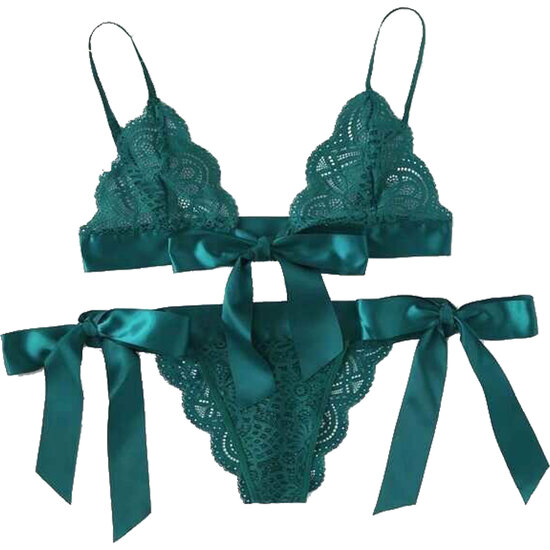 Bra And Panties Set With Bows And Green Lace Design