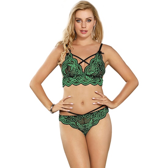 Bra And Panties Set With Crossed Laces And Green Embroidered Design