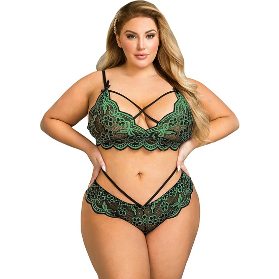 BRA AND PANTIES SET WITH CROSSED LACES AND GREEN EMBROIDERED DESIGN