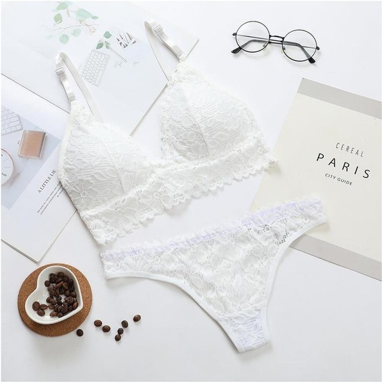 White Office Bra And Panties Set With Floral Design And Transparencies