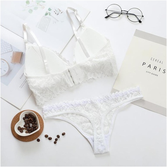 WHITE OFFICE BRA AND PANTIES SET WITH FLORAL DESIGN AND TRANSPARENCIES