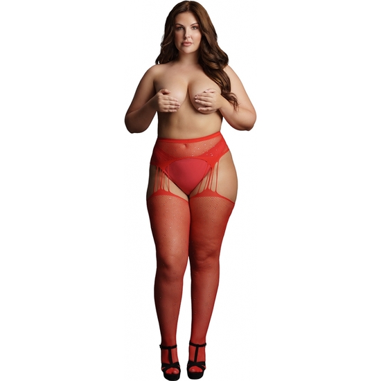Le Désir - Suspender Rhinestone Pantyhose - Stockings- Red - Osx
