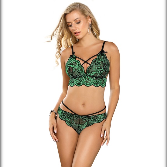 BRA AND PANTIES SET WITH CROSSED LACES AND GREEN EMBROIDERED DESIGN