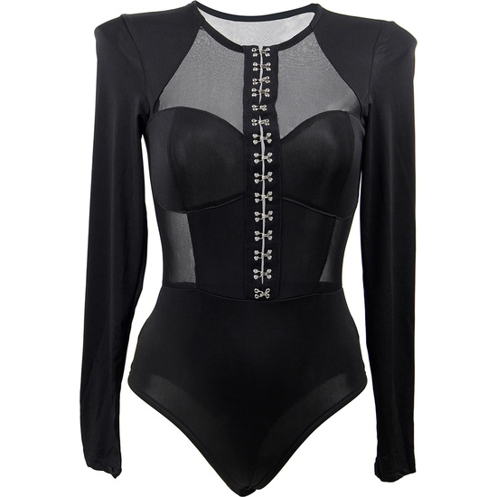 LONG SLEEVE MESH FITTED BODYSUIT WITH HOOK BUCKLES