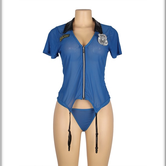 POLICE COSTUME WITH SEXY GARTER BELT WITH FRONT ZIP BLUE WITH HANDCUFFS