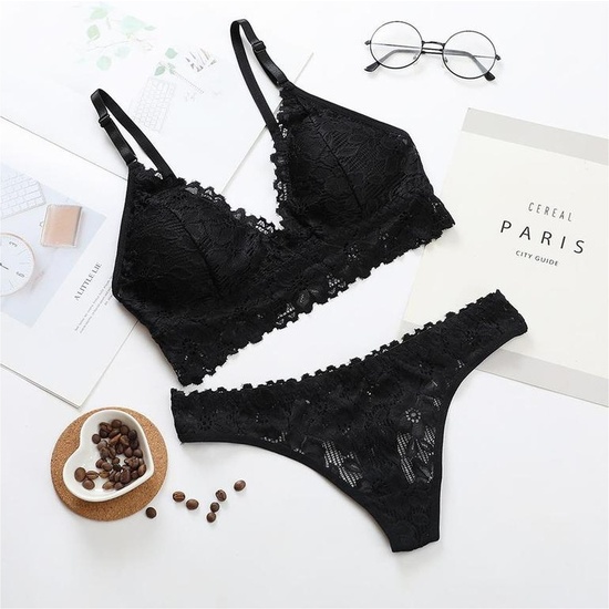 Bra And Panties Set With Floral Design And Transparencies Office Black