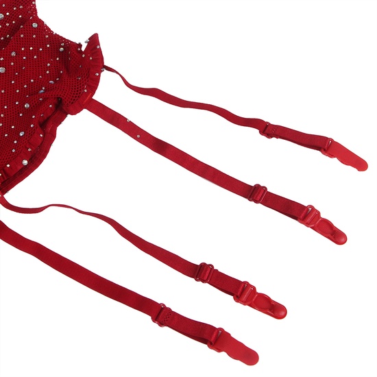 SEXY SET IN RED: BRA, PANTIES, GARTER, STOCKINGS AND MESH GLOVES WITH IMITATION DIAMONDS