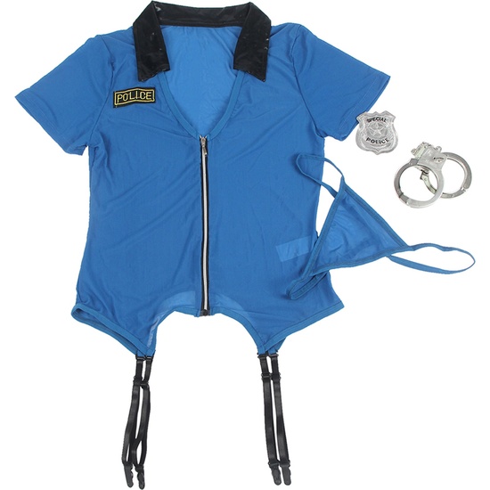 L-XL SEXY GARTER BELT POLICE COSTUME WITH FRONT ZIP BLUE WITH HANDCUFFS