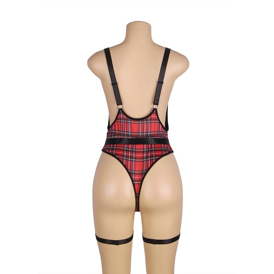 RED PLAID SUIT WITH DOUBLE BLACK STRAPS AND BELT