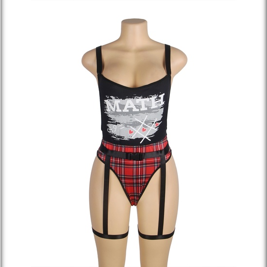 L-XL RED PLAID SUIT WITH DOUBLE BLACK STRAPS AND BELT