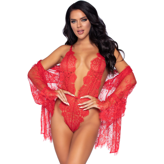 LEG AVENUE - FLORAL LACE TEDDY & ROBE - RED