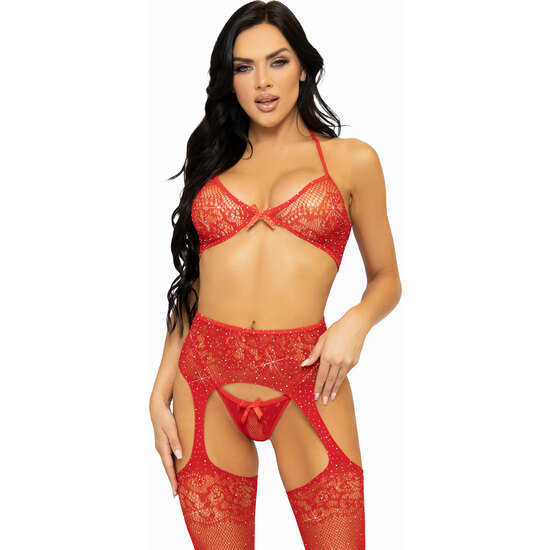 LEG AVENUE - LACE BRA, THONG AND STOCKINGS - RED