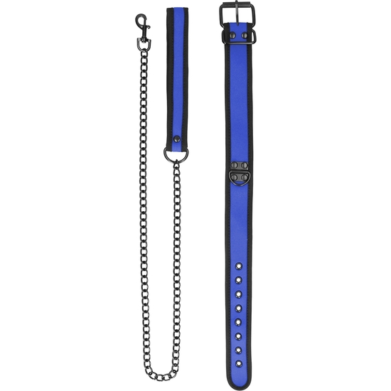 OUCH PUPPY PLAY - NEOPRENE COLLAR WITH LEASH - BLUE