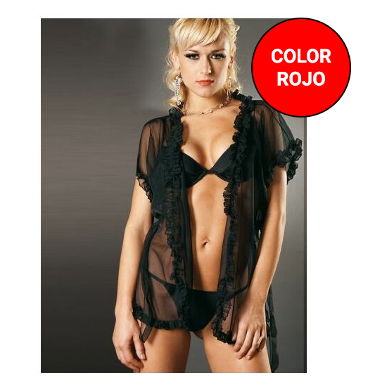 SENSUAL SEXY CAMISOLE-TYPE MICROTUL ROBE WITH FRONT OPENING AND PLEATED Ruffles RED
