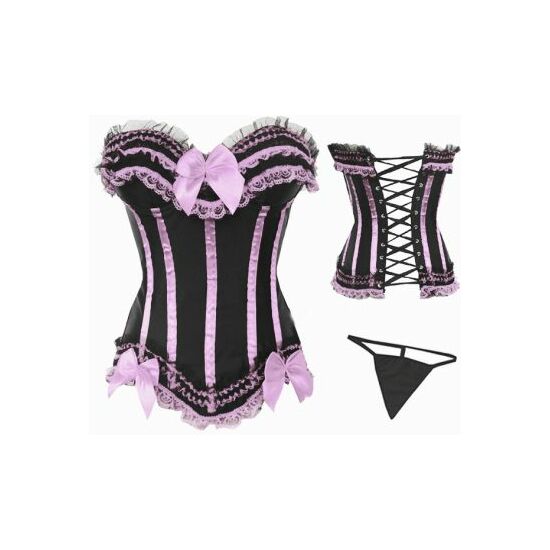 SEXY BLACK SATIN CORSET WITH COLOR WHALES AND PURPLE SKIRT