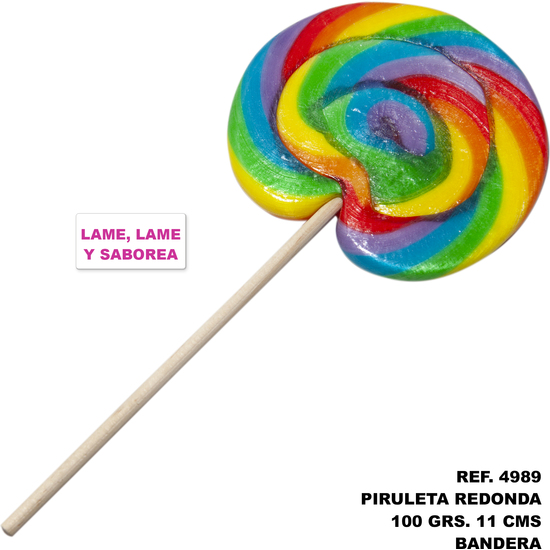 ROUND LOLLIPOP 100 GR. 12 CM WITH THE FLAG (LAME, LAME AND TASTE)
