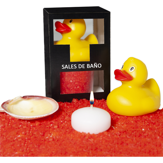 RED FRUITS BATH SALTS SET 150 GR. WITH BATH DUCK, AROMATIC CANDLE AND SHELL