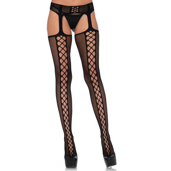 LEG AVENUE OPAQUE NETWORK TIGHTS WITH WIDE SEAM AND INTEGRATED GARTERS