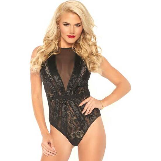 BODYSUIT WITH LACE AND TRANSPARENCIES - BLACK