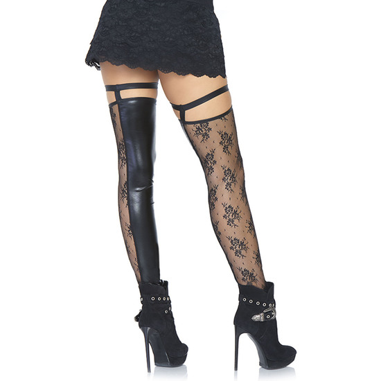 WET EFFECT FOOTLESS HIGH STOCKINGS WITH LACE - BLACK