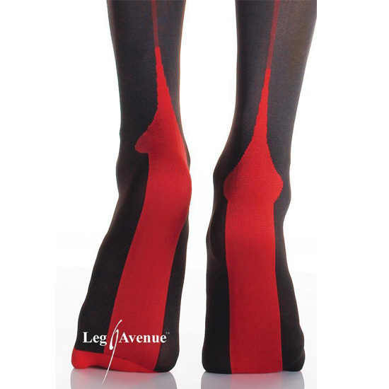 LEG AVENUE BLACK OPAQUE TIGHTS WITH CUBAN HEEL AND RED BACK SEAM