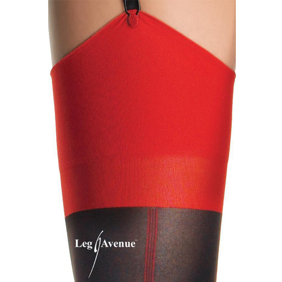 LEG AVENUE BLACK OPAQUE TIGHTS WITH CUBAN HEEL AND RED BACK SEAM