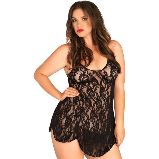 LEG AVENUE BLACK LACE PICARDS WITH MATCHING THONG PLUS