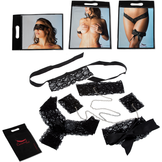 CARAMEL NUIT - CORSET SET WITH MATCHING THONG + HANDCUFFS AND NECKLACE + MASK + GARTER + TANGA FANTASY LOVE